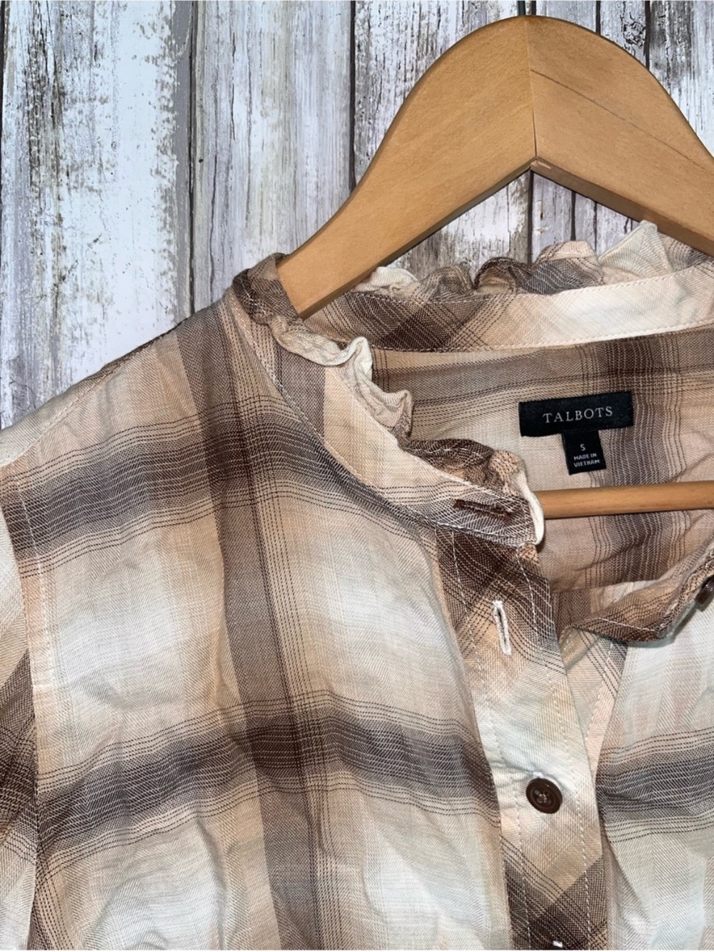 Talbots Ruffle Trim Popover Sunrise Plaid Top Blouse Brown Tan S - Picture 4 of 5
